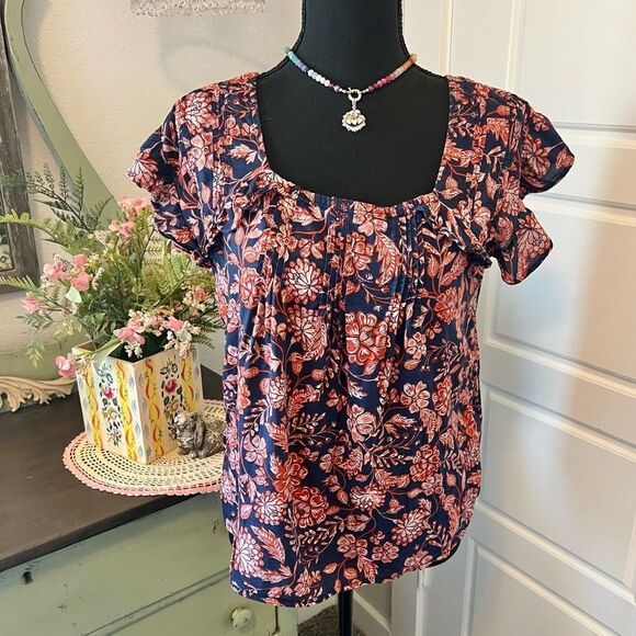 Old Navy Blue Coral Paisley Floral Flutter Ruffle Sleeve Boho Blouse Sz XS - Picture 1 of 10